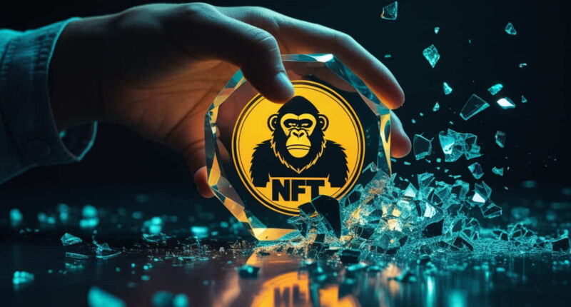 A hand holding a crystal NFT with a Bored Ape logo that is shattering into worthless fragments, representing the NFT market crash and investment losses from scams
