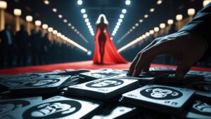 A hand grabbing playing cards with ape logos on a red carpet, with a celebrity in the background, symbolizing the high-stakes and risky nature of celebrity-endorsed NFT projects
