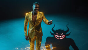 A charismatic promoter in a flashy gold suit, with his shadow revealed to be a sinister devil, symbolizing the deceptive nature of NFT scam promoters.