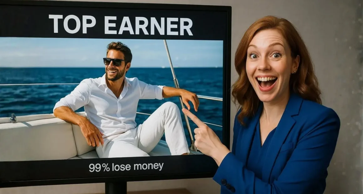 A smiling woman points enthusiastically at a screen showing a man relaxing on a yacht under the banner "TOP EARNER." A small, contrasting text at the bottom reads "99% lose money," exposing the deceptive network marketing income claims.