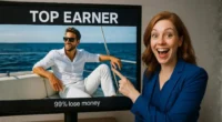 A smiling woman points enthusiastically at a screen showing a man relaxing on a yacht under the banner "TOP EARNER." A small, contrasting text at the bottom reads "99% lose money," exposing the deceptive network marketing income claims.
