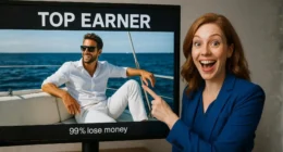 A smiling woman points enthusiastically at a screen showing a man relaxing on a yacht under the banner "TOP EARNER." A small, contrasting text at the bottom reads "99% lose money," exposing the deceptive network marketing income claims.