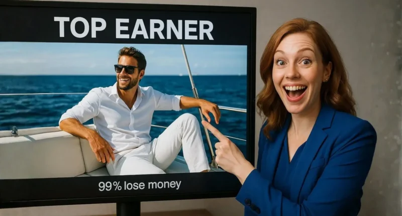 A smiling woman points enthusiastically at a screen showing a man relaxing on a yacht under the banner "TOP EARNER." A small, contrasting text at the bottom reads "99% lose money," exposing the deceptive network marketing income claims.