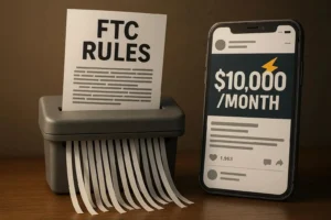 A document labeled "FTC RULES" is being shredded, placed next to a smartphone displaying a social media post with a "$10,000 /MONTH" income claim. This image symbolizes the disregard for regulations regarding network marketing income claims.