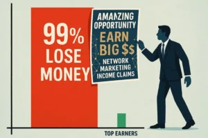 A bar chart powerfully illustrating the reality of network marketing. A large red bar shows "99% LOSE MONEY," while a tiny green bar indicates "TOP EARNERS." A salesman covers the red bar with a flyer promoting "AMAZING OPPORTUNITY" and "NETWORK MARKETING INCOME CLAIMS."