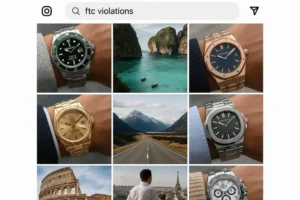 An Instagram feed displays luxurious images like expensive watches, exotic travel, and a man overlooking a city, with "ftc violations" in the search bar. This visually highlights how network marketing income claims are often linked to false lifestyle advertising.