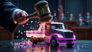 A judge's gavel crashing down and shattering a model of a Nikola truck in a courtroom, representing the guilty verdict and legal judgment against Trevor Milton for fraud.