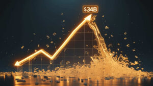 A glowing stock chart showing a massive peak at $34B that is violently shattering into pieces, symbolizing the catastrophic stock market collapse of Nikola Motors.