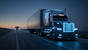 A sleek, futuristic semi-truck with glowing blue lights driving on a deserted highway at dusk, representing the fraudulent 'Nikola One in Motion' video.