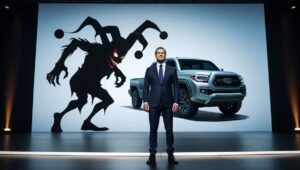 Nikola Motors founder Trevor Milton standing on a stage in front of a truck, while his shadow is distorted into a sinister jester, symbolizing his deception and fraud.