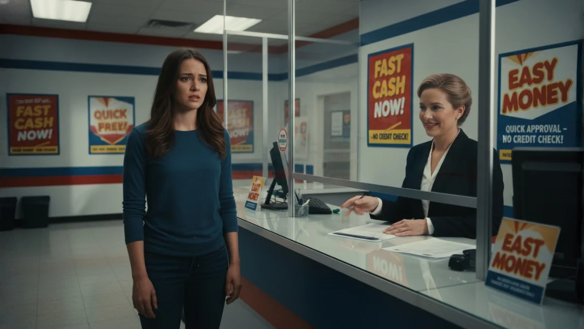 A young woman nervously enters a payday loan store, unaware she's walking into one of the many predatory payday loan traps, greeted by an employee's false smile.