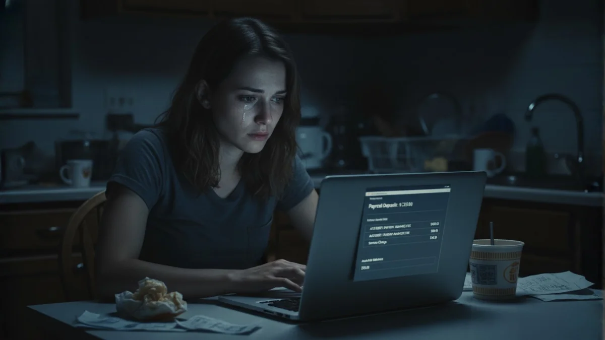 Jessica cries while looking at her laptop, her paycheck instantly drained by fees, illustrating the financial horror of payday loan traps.