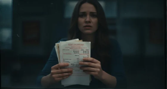 A close-up of Jessica looking desperate behind glass, holding confusing payday loan agreements, trapped in the cycle of payday loan traps.