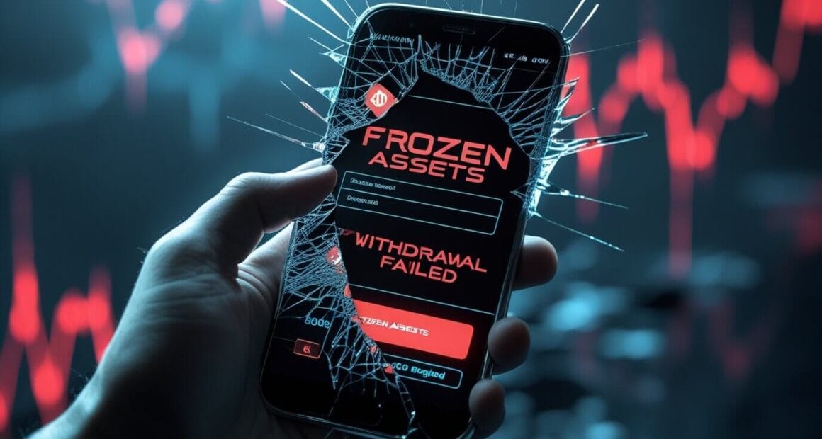 Shattered phone screen with 'FROZEN ASSETS' and 'WITHDRAWAL FAILED' messages, symbolizing the PlusToken crypto scam collapse and financial loss.