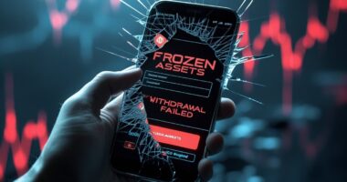 Shattered phone screen with 'FROZEN ASSETS' and 'WITHDRAWAL FAILED' messages, symbolizing the PlusToken crypto scam collapse and financial loss.