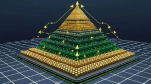 3D diagram of a gold and green pyramid scheme structure, representing the PlusToken multi-billion dollar Ponzi scheme and how new investor money funded the top.