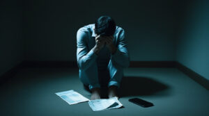 Man sitting alone in the dark with his head in his hands, expressing despair and financial loss after the PlusToken collapse (Human Cost).