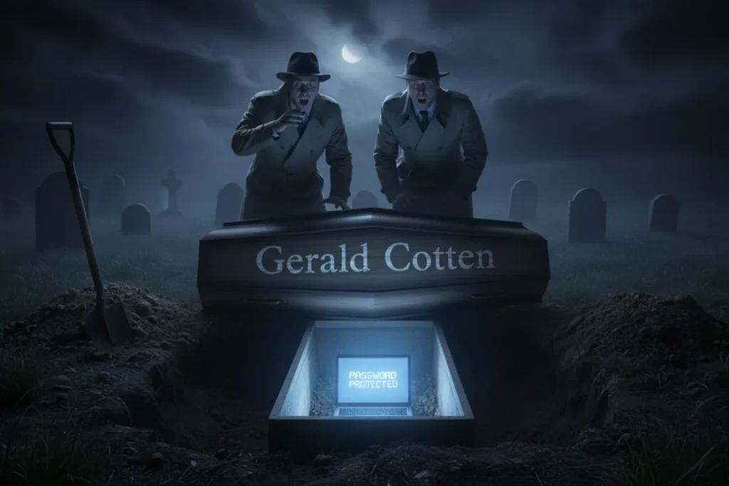 Investigators find Gerald Cotten's coffin empty except for a laptop, fueling the fake death theory in the unsolved QuadrigaCX mystery.