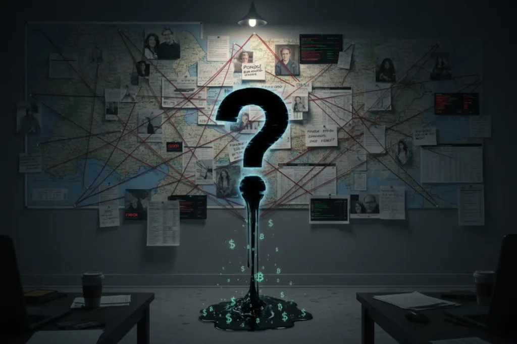 An investigator's conspiracy board representing the unsolved QuadrigaCX mystery, dominated by a large, dripping black question mark over evidence.