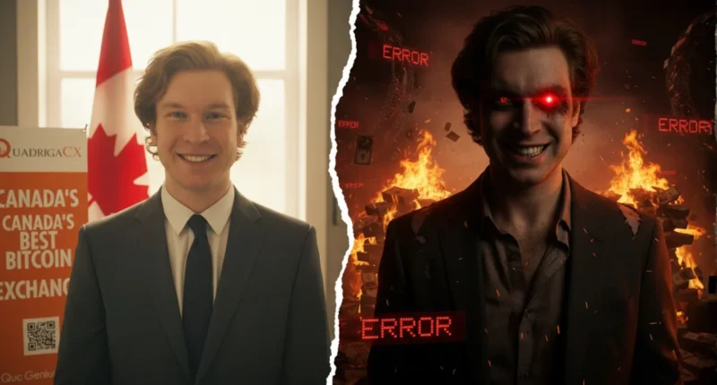 A split image showing the two faces of Gerald Cotten in the QuadrigaCX mystery: the trusted Canadian CEO vs. the demonic con artist behind the fraud.