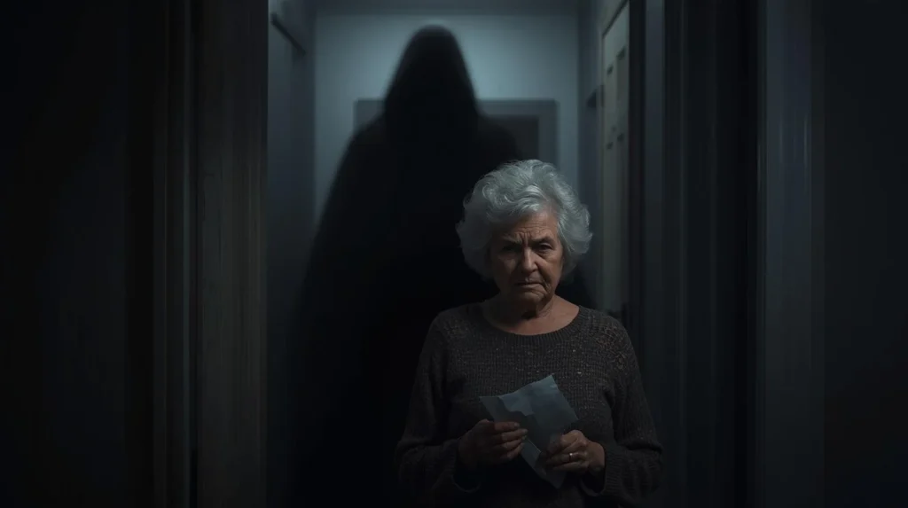 A vulnerable elderly woman holding papers, stalked by a terrifying shadow figure in her home, symbolizing the ever-present threat of retirement fraud.