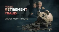 A financial horror title card: "When Retirement Fraud Steals Your Future," showing a broken piggy bank spilling coins, symbolizing savings lost to scammers.