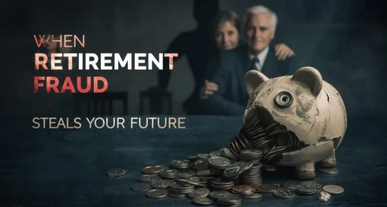 A financial horror title card: "When Retirement Fraud Steals Your Future," showing a broken piggy bank spilling coins, symbolizing savings lost to scammers.