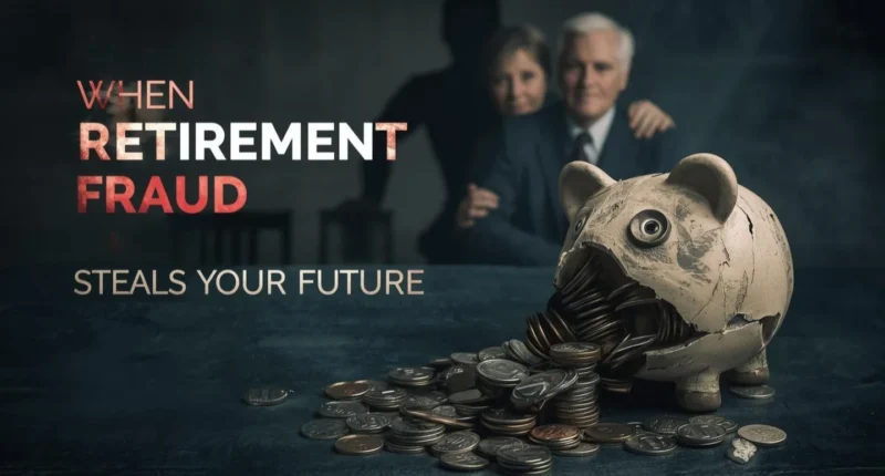 A financial horror title card: "When Retirement Fraud Steals Your Future," showing a broken piggy bank spilling coins, symbolizing savings lost to scammers.