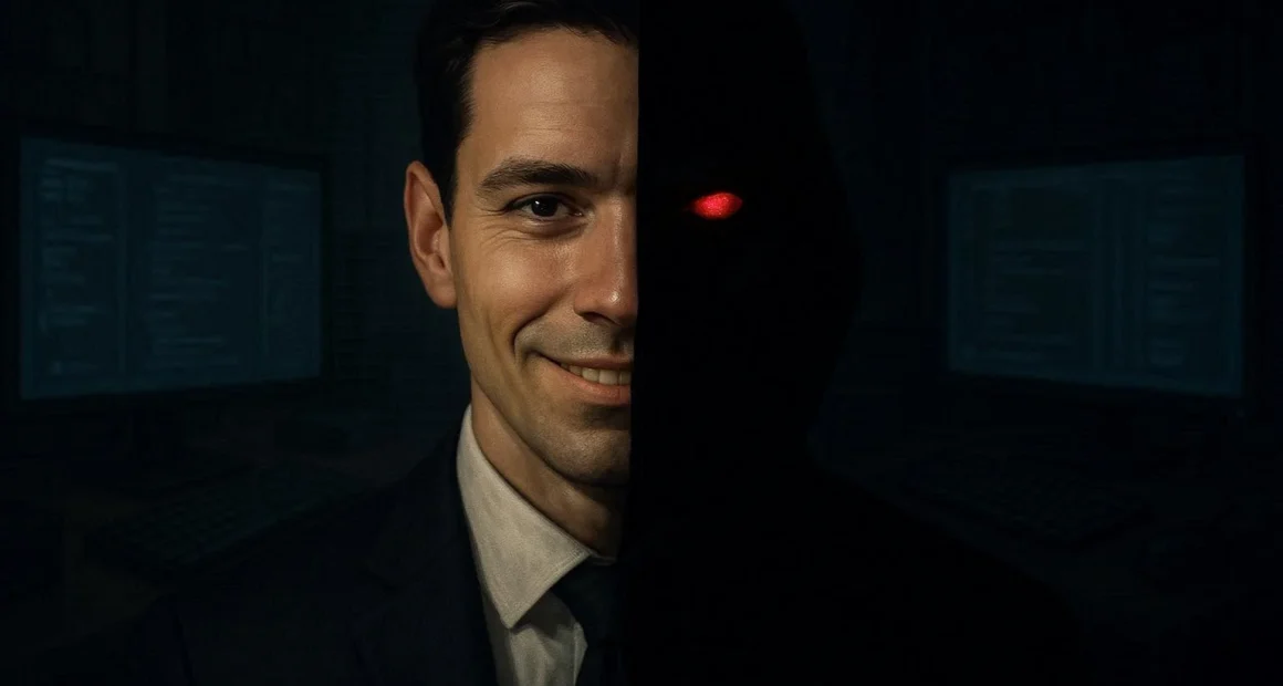 The two-faced nature of a scammer: one side smiling, professional, and trustworthy, the other a dark figure with a red glowing eye. A direct visualization of romance scam psychology.