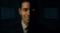 The two-faced nature of a scammer: one side smiling, professional, and trustworthy, the other a dark figure with a red glowing eye. A direct visualization of romance scam psychology.