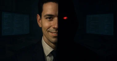 The two-faced nature of a scammer: one side smiling, professional, and trustworthy, the other a dark figure with a red glowing eye. A direct visualization of romance scam psychology.