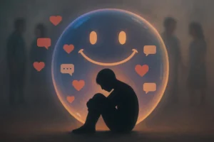A person isolated inside a glowing bubble of fake digital affection (hearts/chats), representing the emotional manipulation tactics central to romance scam psychology.