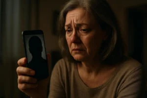 An elderly woman looking distressed while holding a phone showing a dark figure, illustrating the romance scam psychology that leads to emotional and financial loss.