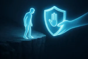 A digital figure standing at the edge of a cliff, being saved by a protective shield. This symbolizes the need for awareness and protection against romance scam psychology and digital predators.