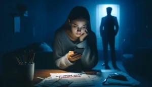 A young woman crying while looking at her phone, surrounded by loan papers, with a shadowy figure in the background, symbolizing the distress caused by Student Loan Forgiveness Scams.