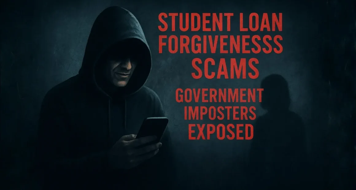 A dark, hooded figure smiling while looking at a phone, juxtaposed with the text 'STUDENT LOAN FORGIVENESS SCAMS: GOVERNMENT IMPOSTERS EXPOSED', representing the threat of loan fraud.