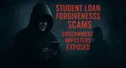 A dark, hooded figure smiling while looking at a phone, juxtaposed with the text 'STUDENT LOAN FORGIVENESS SCAMS: GOVERNMENT IMPOSTERS EXPOSED', representing the threat of loan fraud.
