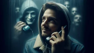 A young man on a phone call, looking hopeful, while masked, menacing figures lurk in the background, representing a victim being manipulated by a Student Loan Forgiveness Scam via cold call.