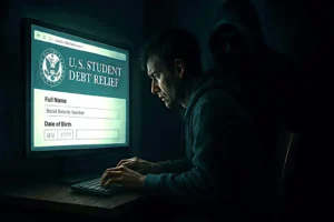 A stressed student entering personal data into a fake 'U.S. Student Debt Relief' website while a shadowy hacker figure looms behind him, illustrating a potential Student Loan Forgiveness Scam.