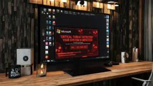 A fake Microsoft virus alert pop-up on a computer screen, a common tactic in tech support scams, using skulls and urgent language to trick users into calling a fraudulent number