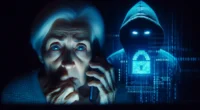 A terrified elderly woman on the phone with a tech support scammer, who is represented by a shadowy hacker figure with a glowing digital lock.