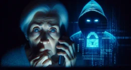 A terrified elderly woman on the phone with a tech support scammer, who is represented by a shadowy hacker figure with a glowing digital lock.
