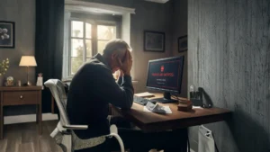An elderly man in despair after falling for a tech support scam, his computer displaying a ransomware message demanding Bitcoin to unlock his files.