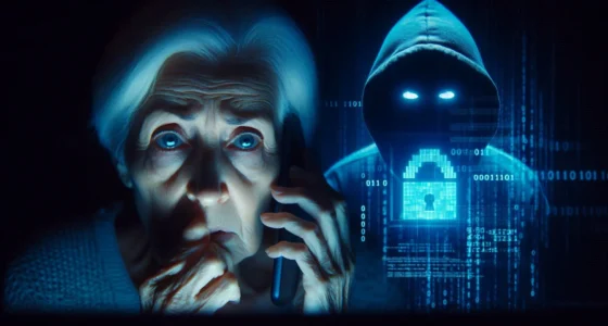 A terrified elderly woman on the phone with a tech support scammer, who is represented by a shadowy hacker figure with a glowing digital lock.