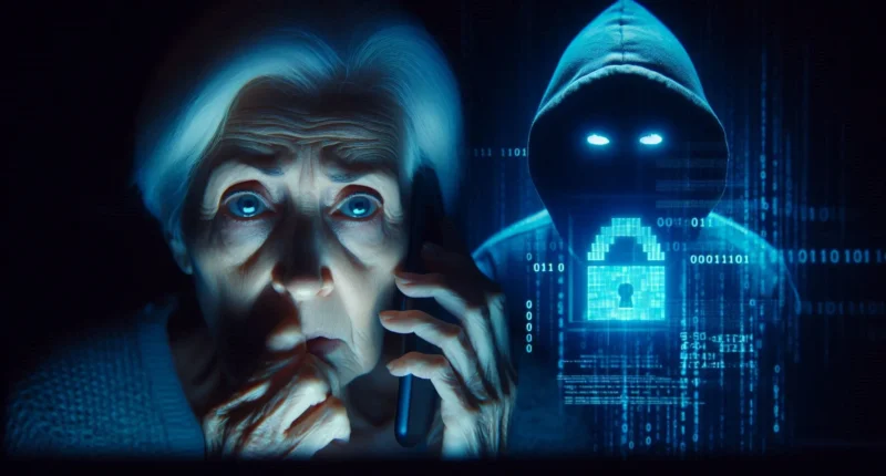 A terrified elderly woman on the phone with a tech support scammer, who is represented by a shadowy hacker figure with a glowing digital lock.