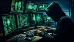 A hooded hacker in a dark room at a multi-monitor workstation, representing the sophisticated criminal operations that run large-scale tech support scams.