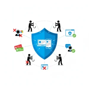 A cybersecurity infographic showing a central shield protecting devices by blocking tech support scammers and rejecting fraudulent payment methods.