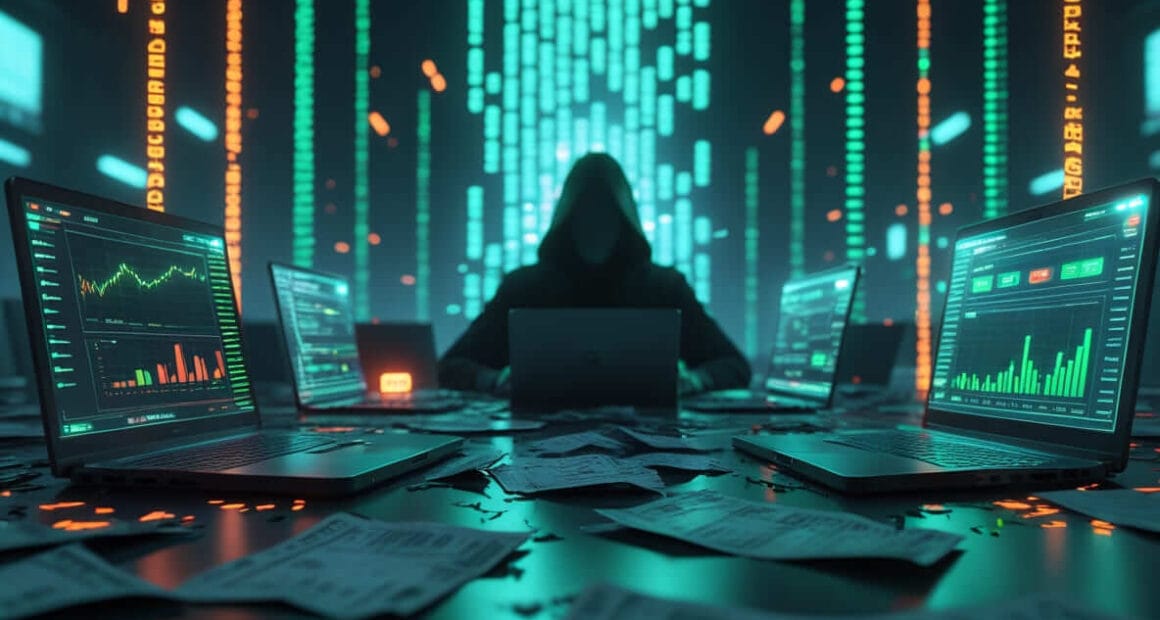 A hooded scammer representing a fake crypto exchanges sits in a dark command center, symbolizing the dangers of digital investment fraud.