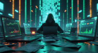 A hooded scammer representing a fake crypto exchanges sits in a dark command center, symbolizing the dangers of digital investment fraud.