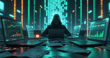 A hooded scammer representing a fake crypto exchanges sits in a dark command center, symbolizing the dangers of digital investment fraud.